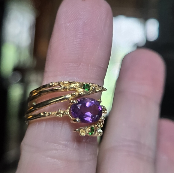 Amethyst cushion cut 5k & chrome diopside sterling & gold ring sz6.5 - Picture 3 of 8